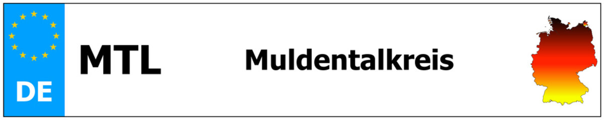 Muldentalkreis car licence plate sticker name and map of Germany. Vehicle registration plates frames German number