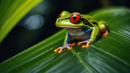 Naklejka premium Colorful of red eye tree frog on the branches leaves of tree, close up scene, animal wildlife concept.