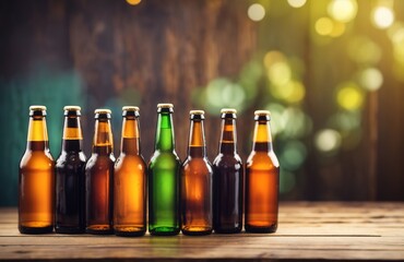 Line of craft beer bottles on rustic wooden surface - obrazy, fototapety, plakaty