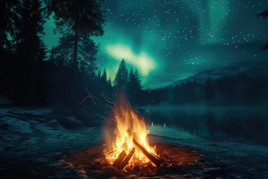 A bonfire under the northern lights in a night forest, where the sky and the fire blend in a dance of lights. 8k