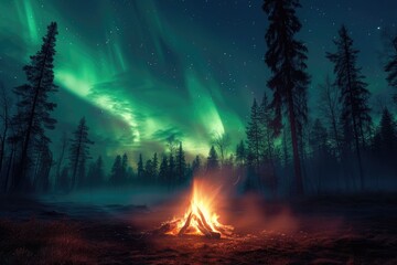 A bonfire under the northern lights in a night forest, where the sky and the fire blend in a dance...