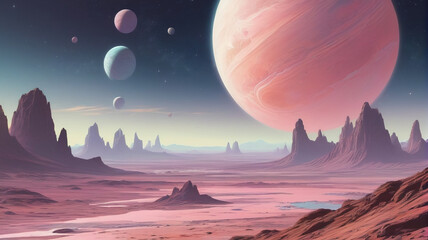 Fantasy and sci-fi, incredible fairy-tale atmosphere of a futuristic planet, generative AI

