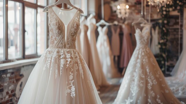A collection of stunning wedding dresses showcases diverse styles and intricate designs in a well-lit bridal boutique