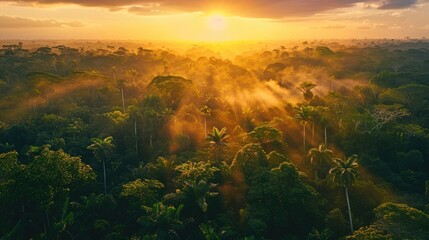 An amazing view of the forest canopy at dawn, as the first light of the day peeks through the thick underbrush and illuminates the vivid greenery with a golden hue.  - obrazy, fototapety, plakaty