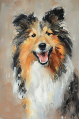 Minimalist Oil Painting of a Smiling Collie Dog With Open Mouth