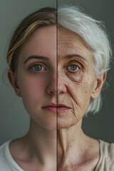Young Woman and Elderly Lady Split Portrait Demonstrating the Contrast of Youth and Age