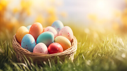 Fototapeta na wymiar Background with easter eggs in the basket