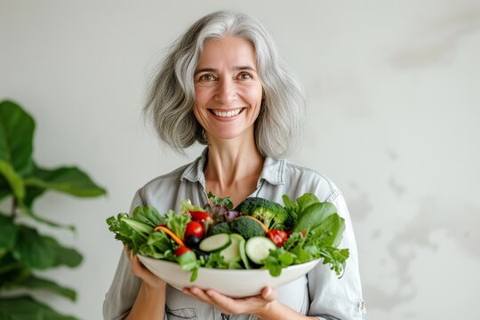 Portrait of a senior woman holding a bowl full of fresh vegetable salad. Beautiful elderly woman,  healthy lifestyle, balanced diet.
