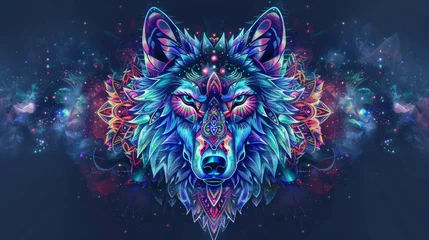 Fotobehang Psychedelic wolf head with symmetrical mandala shapes. Animal Totem, spiritual guide, mystical emblem of the shaman © vannet