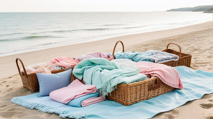
Picnic basket on the beach. Sea in the background, generative AI