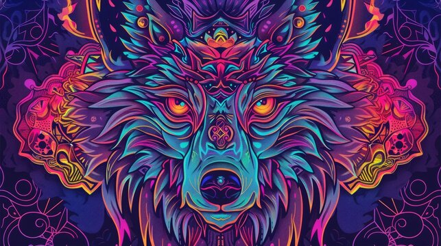Psychedelic wolf head with symmetrical mandala shapes. Animal Totem, spiritual guide, mystical emblem of the shaman