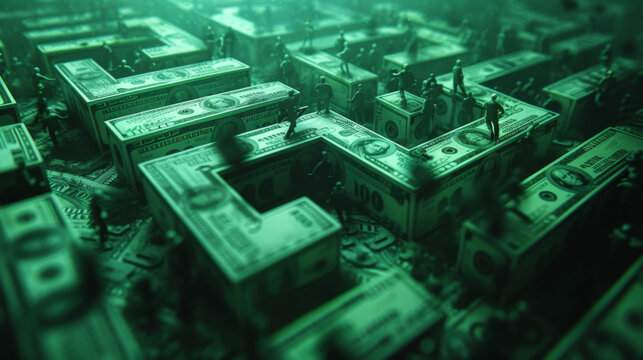 A digital maze appears in the fifth infographic showing the mazelike structure of shell companies used in money laundering schemes. Animated figures representing criminals