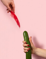 Female hand holds cucumber and red feather on pink background.