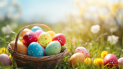 Background with easter eggs in the basket