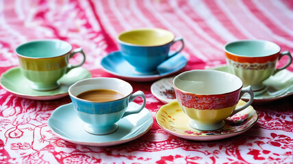 
Porcelain cups filled with delicious coffee. Pastel background. generative AI