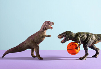 Two dinosaurs playing basketball on blue and violet background.