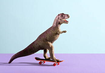 Dinosaur skateboarding on blue and violet background