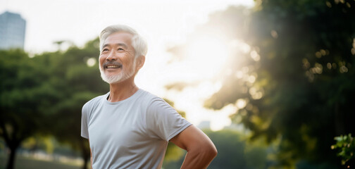 Asian senior runner jogging outdoors in nature, enjoying the warm weather and fresh air. Fit, active elderly man exercises regularly. Banner with copyspace.  - obrazy, fototapety, plakaty