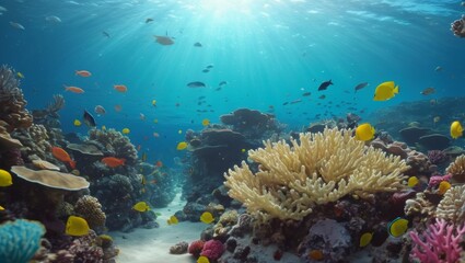 Fototapeta premium Dreamy underwater scene with colorful coral reef teeming with marine life, peaceful serenity