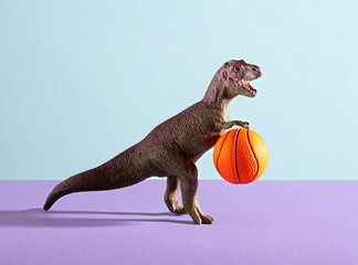Dinosaur play basketball on violet and blue background.