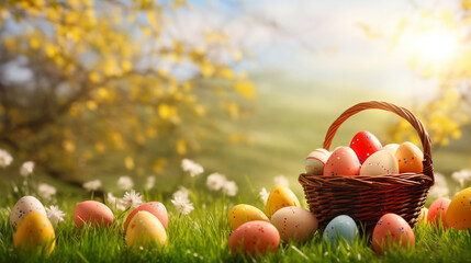 Colorful Easter eggs in wicker basket on green grass outdoors