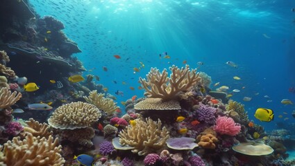 Naklejka premium Dreamy underwater scene with colorful coral reef teeming with marine life, peaceful serenity