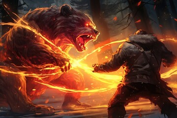 man with a flamethrower fighting with a demon bear