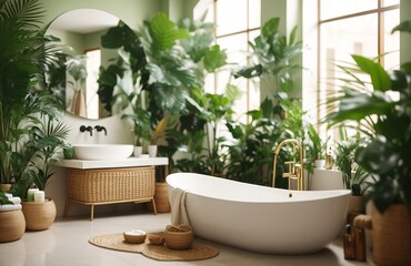 Fototapeta na wymiar Modern bathroom decorated with green tropical plants
