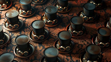 Victorian-style top hats and monocles arranged in a playful pattern against a background of rich mahogany. - obrazy, fototapety, plakaty