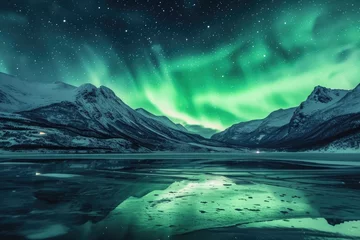 Abwaschbare Fototapete An enthralling show of green auroras weaving across frozen lakes and snow-covered mountains in the starry sky.  © Muhammad