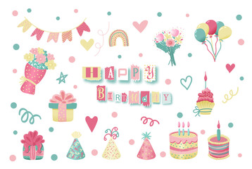Set of various festive elements for a birthday party. Collection of simple and cute items for design. Vector hand drawn illustration. Magazine style letters