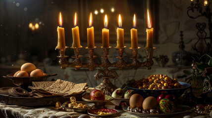 The Jewish menorah symbolizes enlightenment and unity, its flames casting a warm - obrazy, fototapety, plakaty