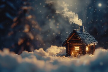 a close-up of a charming log cabin covered in thick blankets of new snow, with smoke softly rising from the chimney.