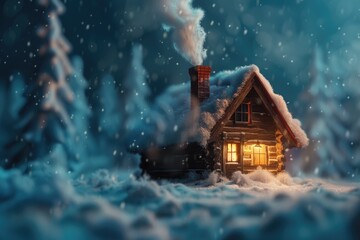 A close-up of a quaint log cabin with smoke gently rising from the chimney, surrounded by thick layers of fresh snow. - obrazy, fototapety, plakaty