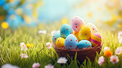 Easter eggs in a basket in the meadow