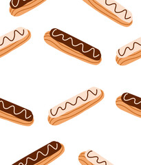 Pattern of tasty eclairs on a white background.