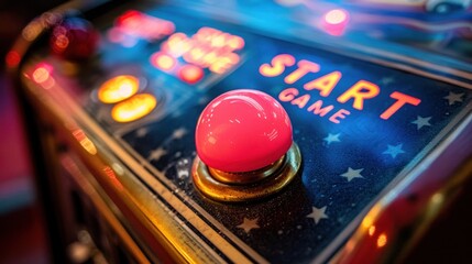 Retro arcade machine with button and Start game text on dashboard