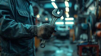 A auto mechanic standing closer to a garage, holding a wrench in his hands and space, Generative AI.