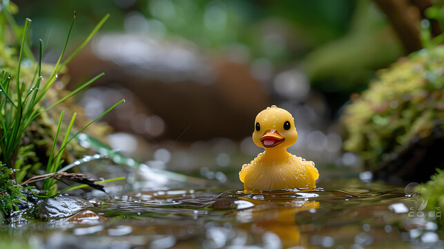 A cute Easter duckling figurine, with a babbling brook as the background, during a springtime nature walk