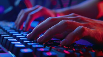 Gamer hands typing on keyboard, close up