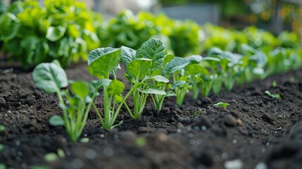 A growing vegetables are in a row in a mini vegetable bed in backyard of a house with a space for text or product, Generative AI.