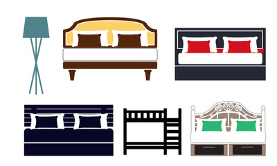 Bed icon on white background. Vector illustration. Colorful graphic set of beds with pillows. Modern bedroom furniture. Flat style vector illustration