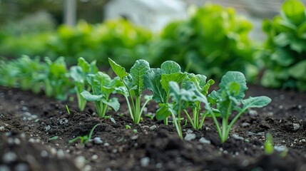 A growing vegetables are in a row in a mini vegetable bed in backyard of a house with a space for text or product, Generative AI.