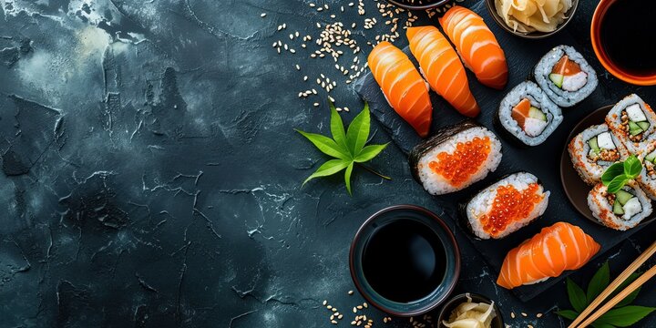 Sushi, Asian cuisine, set of sushi and rolls on a black plate, chopsticks, background, wallpaper.
