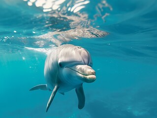 Dolphin swimming in the blue water of the sea