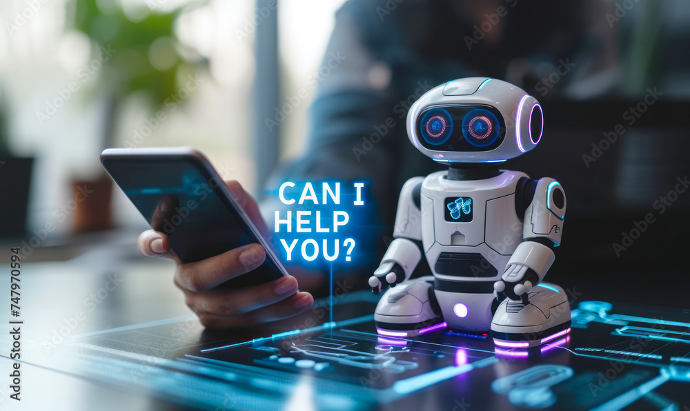 Poster business person using smartphone to interact with modern ai chatbot can i help you message for custo