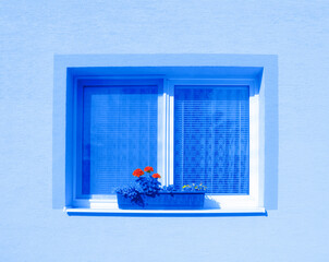 Wall with a window in blue tones, flowers in a pot on the windowsill