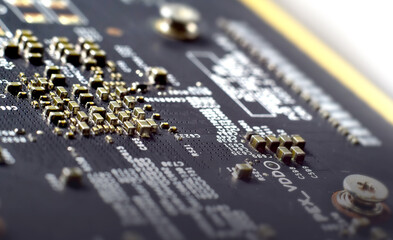 Motherboard chip panel with ICs, various zippers in a shallow depth of field that is sharp and beautiful. Illustration of repair work