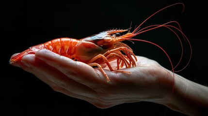 A hand holding a red fresh shrimp over a black setting, and big space, Generative AI.