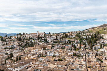 Aerial view of the Albaicin in Granada, one of the oldest districts in the city, with its historic monuments and traditional houses. - 747970729